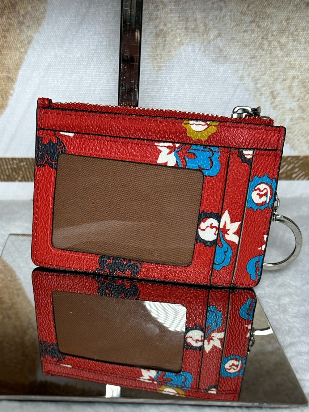 Coach Red Floral Zip Card Case Keyring - Picture 2 of 11